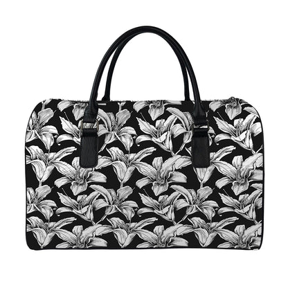 Black And White Lily Pattern Print Leather Duffle Bag