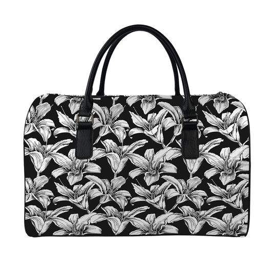 Black And White Lily Pattern Print Leather Duffle Bag