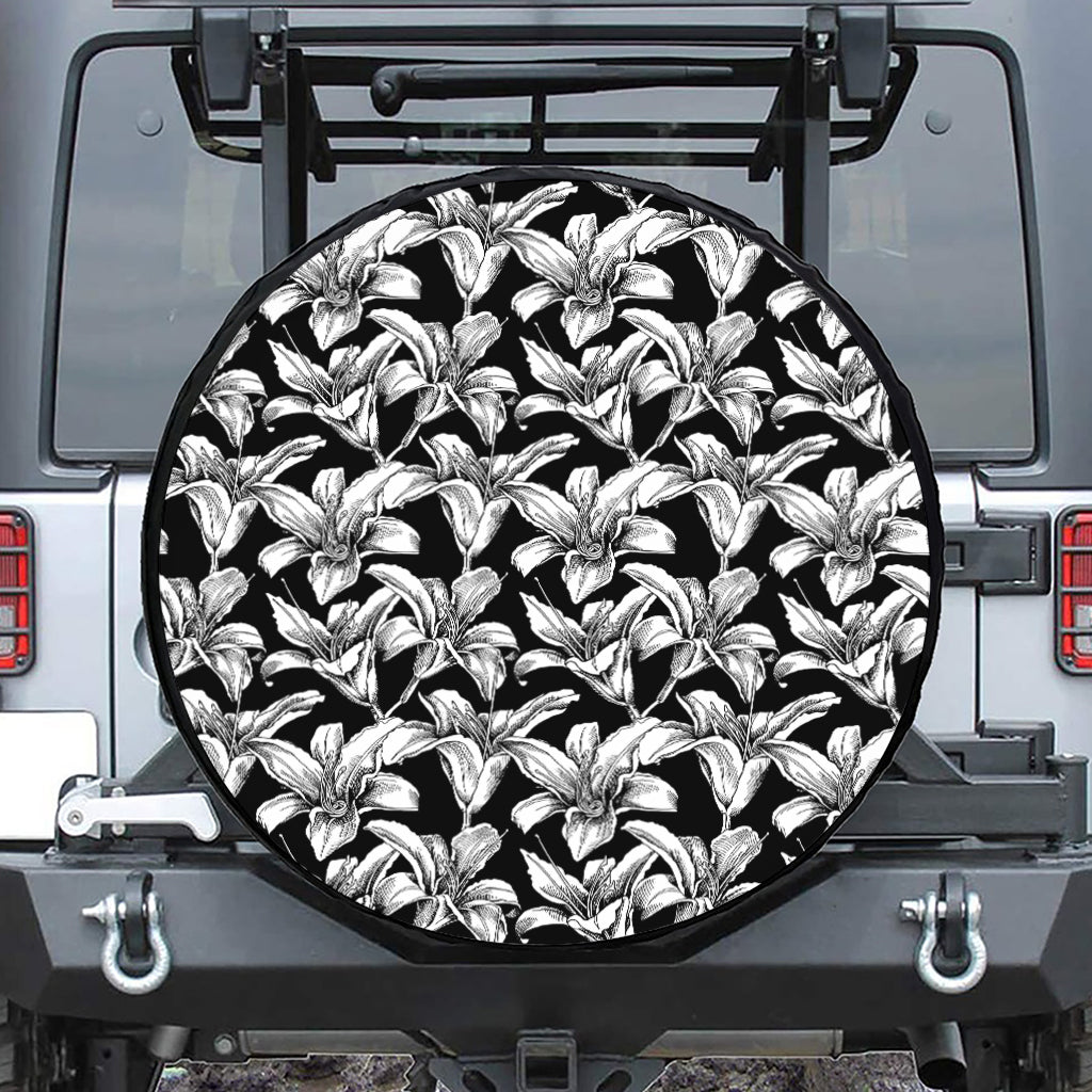 Black And White Lily Pattern Print Leather Spare Tire Cover