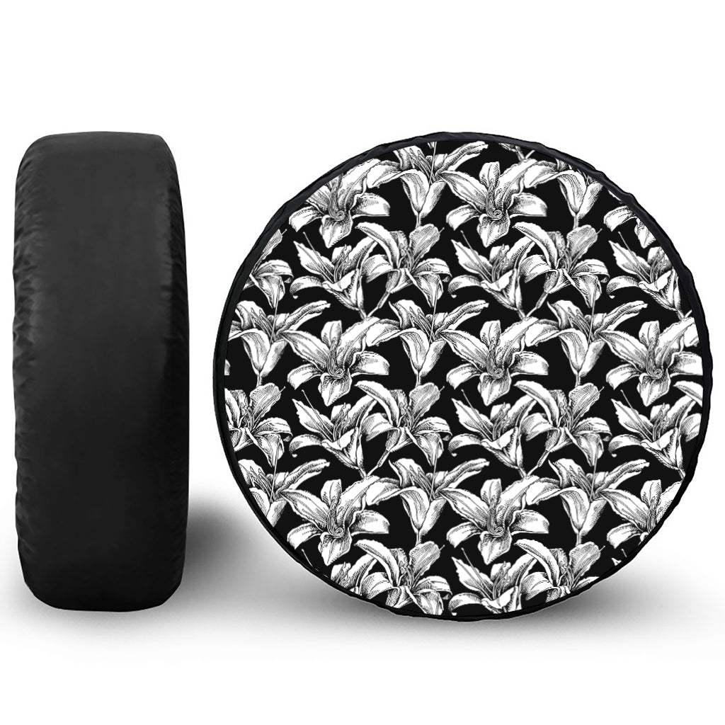 Black And White Lily Pattern Print Leather Spare Tire Cover