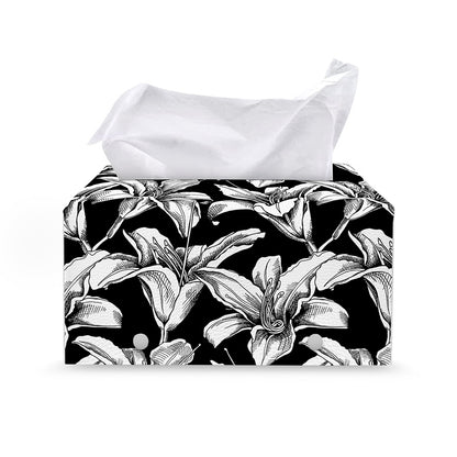 Black And White Lily Pattern Print Leather Tissue Box Cover