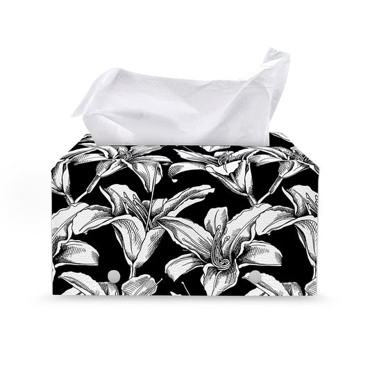 Black And White Lily Pattern Print Leather Tissue Box Cover