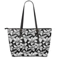 Black And White Lily Pattern Print Leather Tote Bag With Zipper
