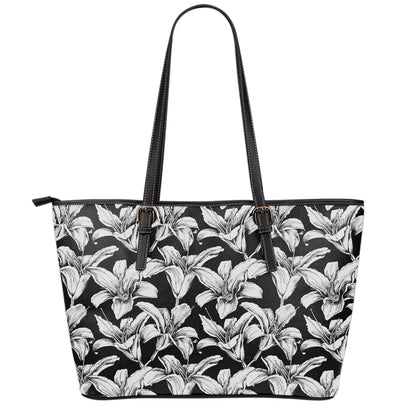 Black And White Lily Pattern Print Leather Tote Bag