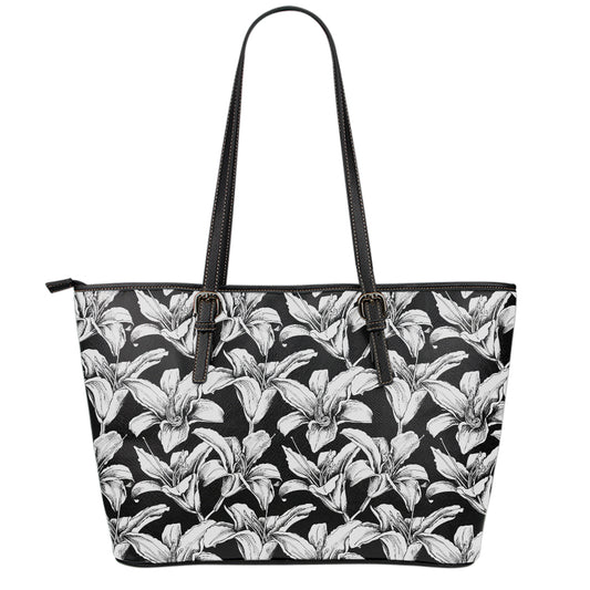 Black And White Lily Pattern Print Leather Tote Bag