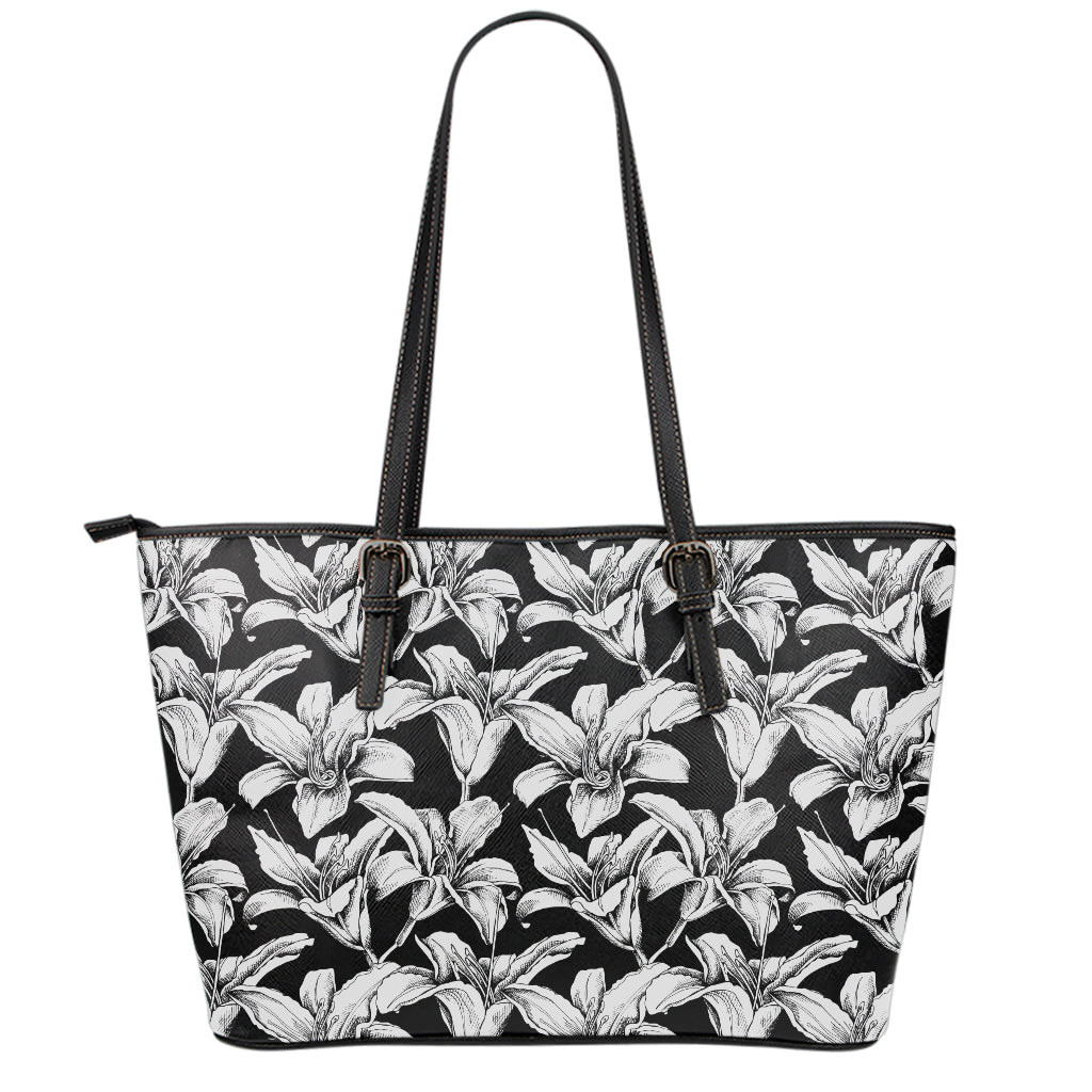 Black And White Lily Pattern Print Leather Tote Bag
