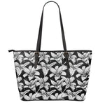 Black And White Lily Pattern Print Leather Tote Bag