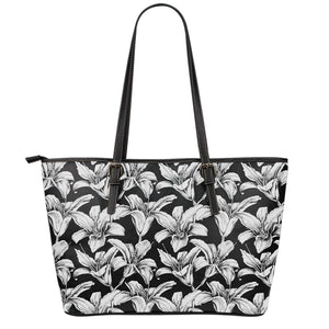 Black And White Lily Pattern Print Leather Tote Bag