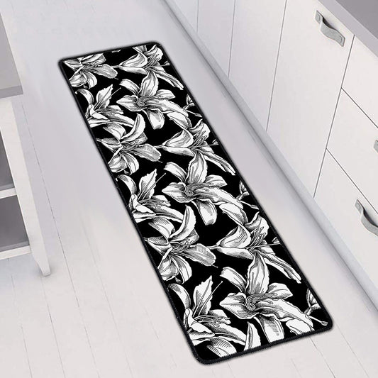 Black And White Lily Pattern Print Long Kitchen Mat