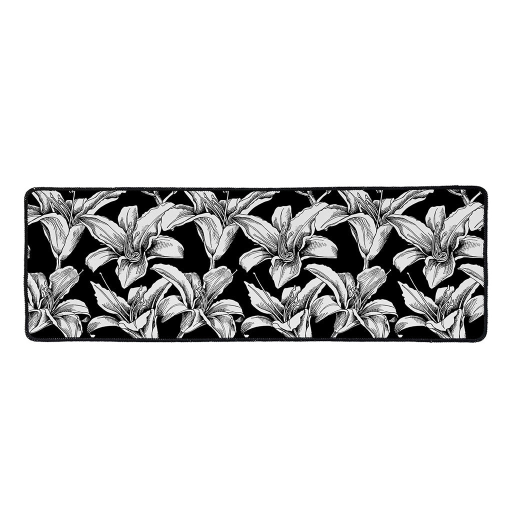 Black And White Lily Pattern Print Long Kitchen Mat