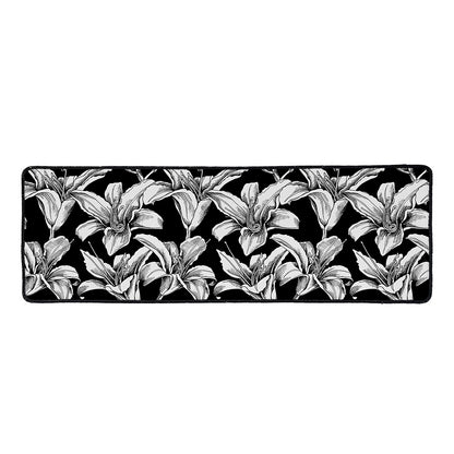 Black And White Lily Pattern Print Long Kitchen Mat