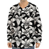 Black And White Lily Pattern Print Long Sleeve Baseball Jersey