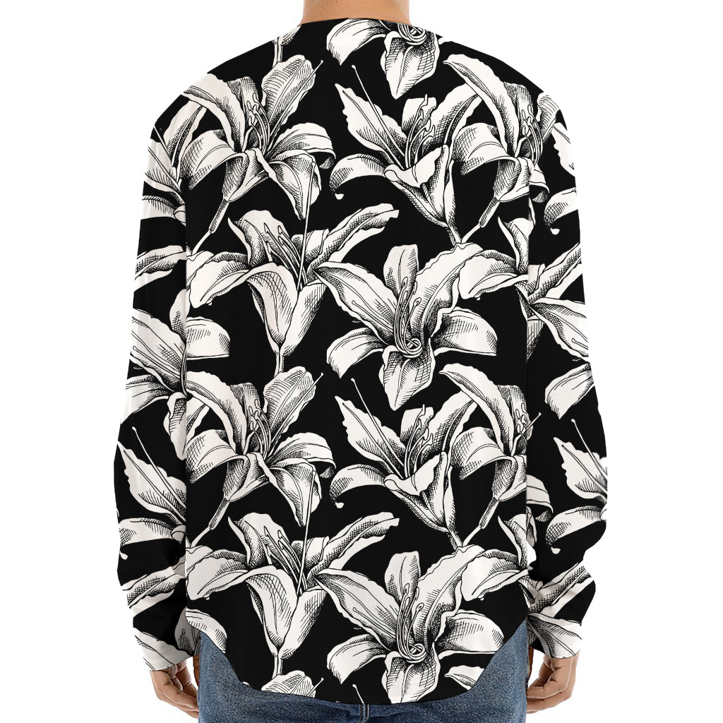 Black And White Lily Pattern Print Long Sleeve Baseball Jersey