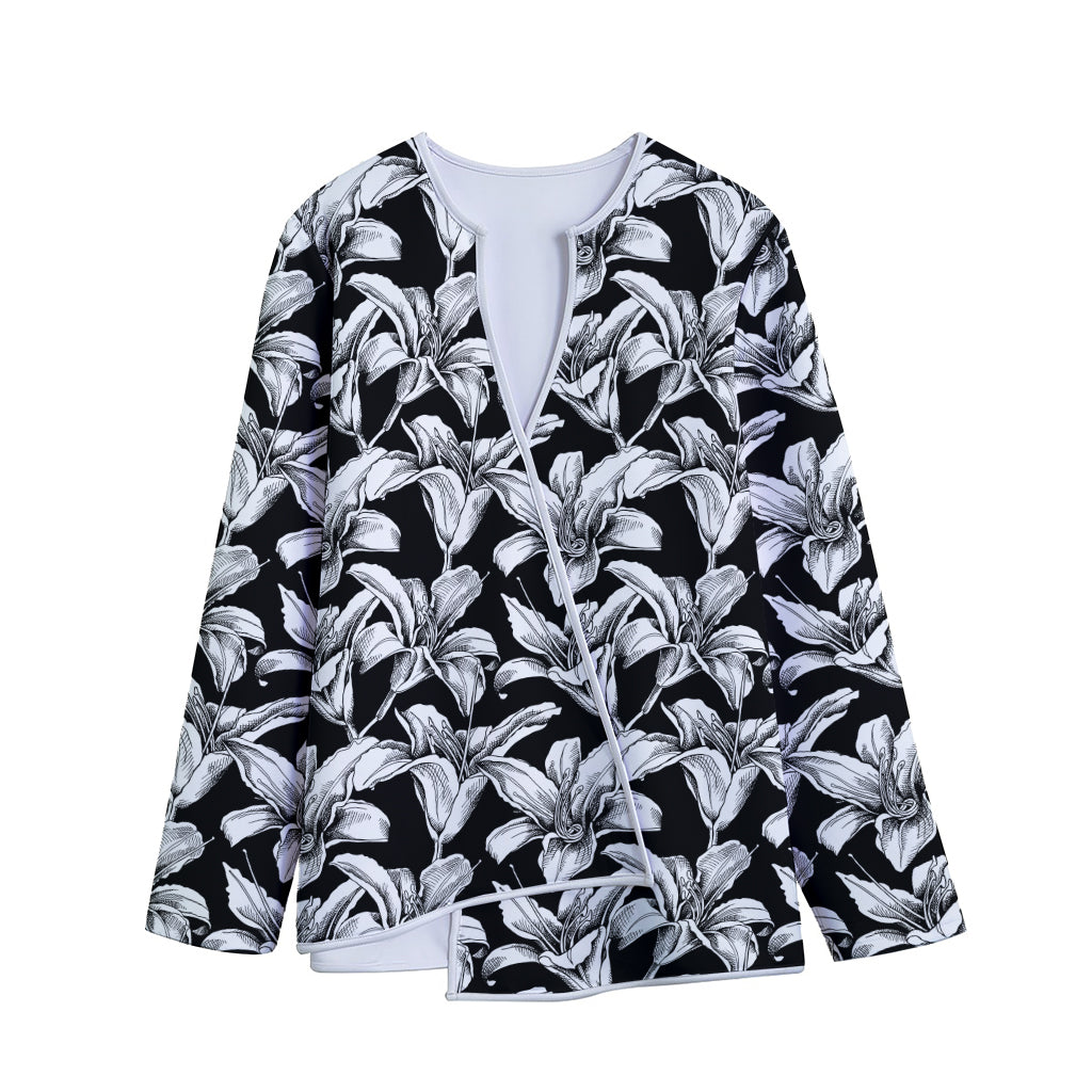 Black And White Lily Pattern Print Long Sleeve Short Coat