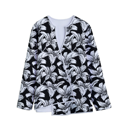 Black And White Lily Pattern Print Long Sleeve Short Coat