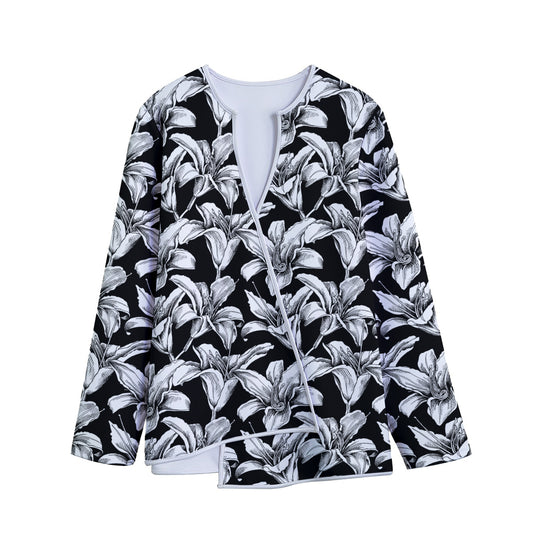 Black And White Lily Pattern Print Long Sleeve Short Coat