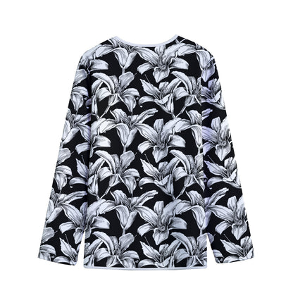 Black And White Lily Pattern Print Long Sleeve Short Coat