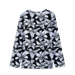 Black And White Lily Pattern Print Long Sleeve Short Coat
