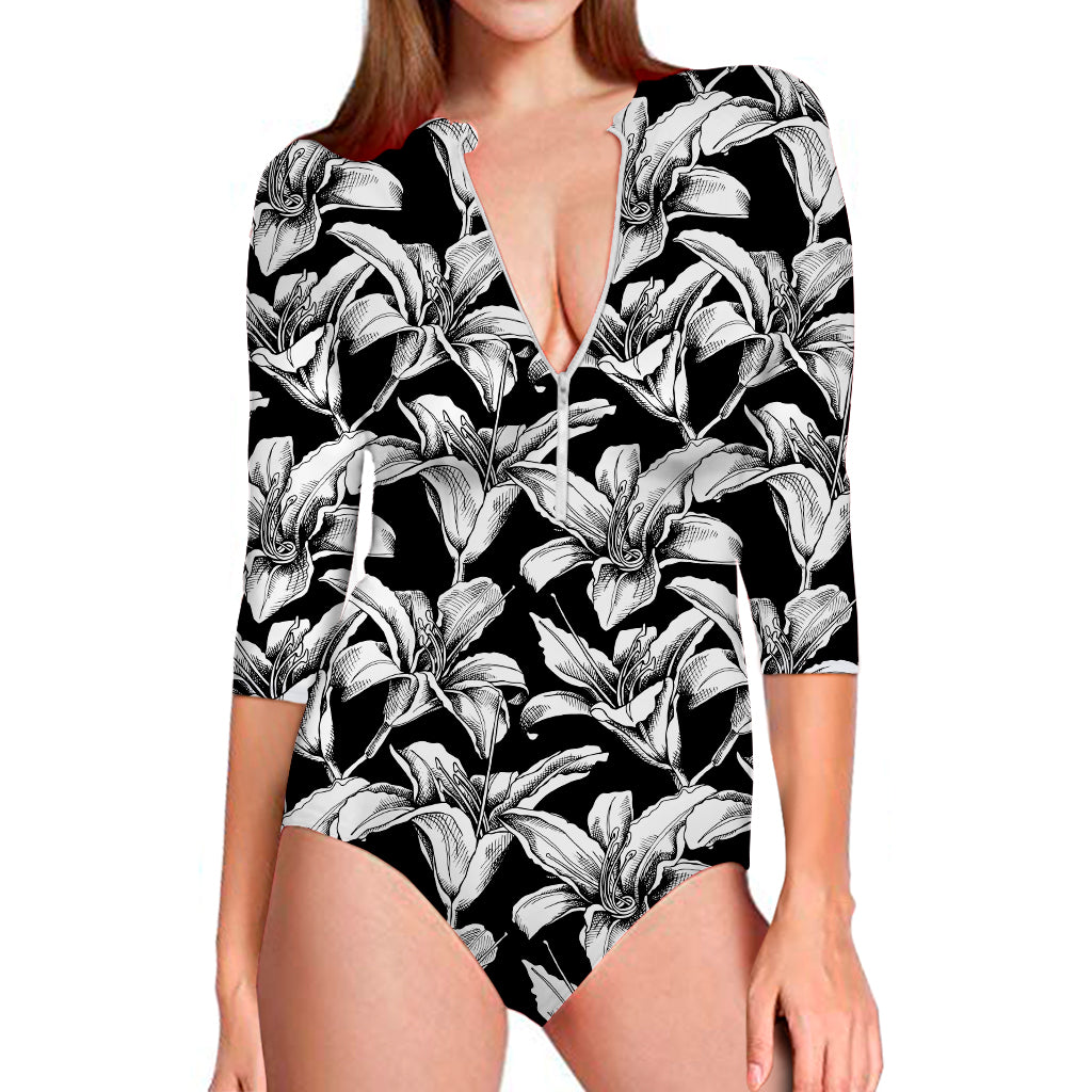 Black And White Lily Pattern Print Long Sleeve Swimsuit