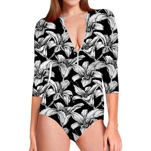 Black And White Lily Pattern Print Long Sleeve Swimsuit