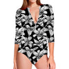 Black And White Lily Pattern Print Long Sleeve Swimsuit