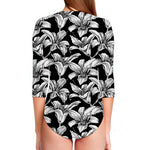 Black And White Lily Pattern Print Long Sleeve Swimsuit