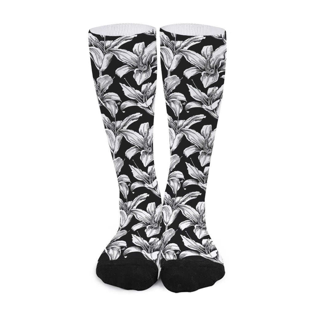 Black And White Lily Pattern Print Long Socks