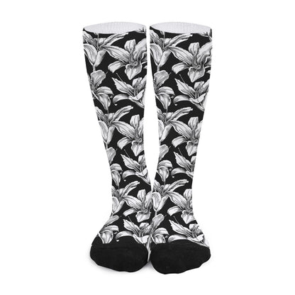 Black And White Lily Pattern Print Long Socks