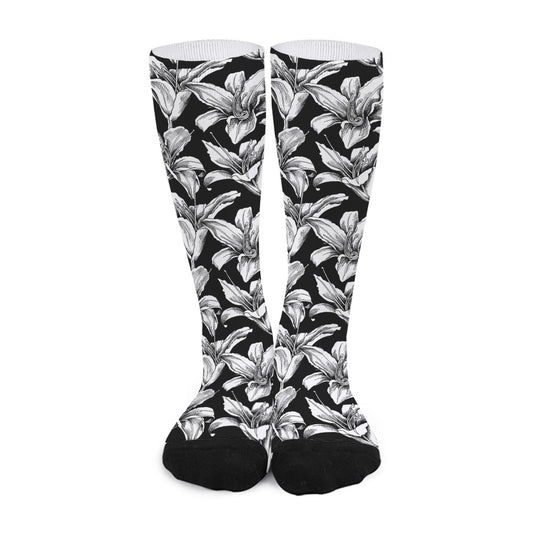 Black And White Lily Pattern Print Long Socks