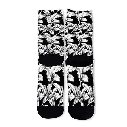 Black And White Lily Pattern Print Long Socks
