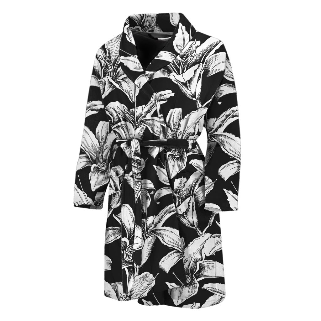 Black And White Lily Pattern Print Men's Bathrobe