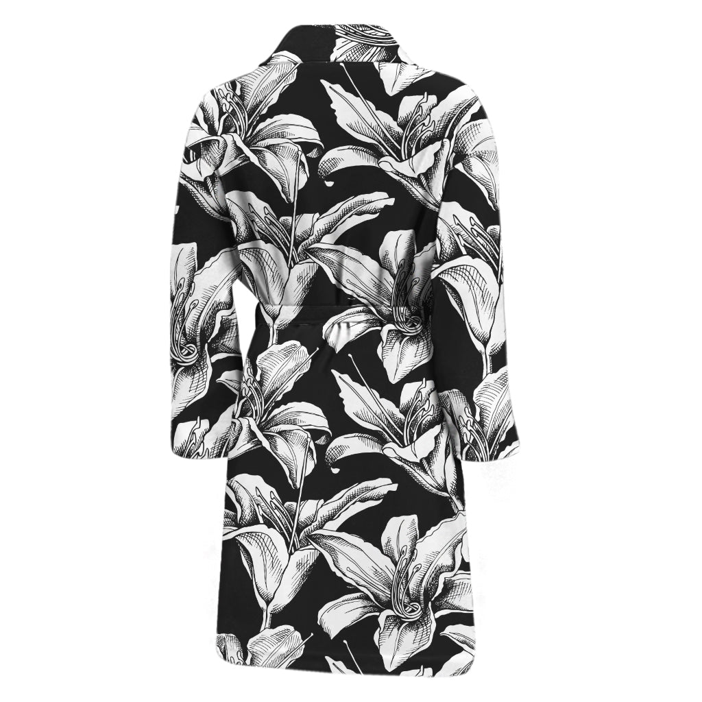 Black And White Lily Pattern Print Men's Bathrobe