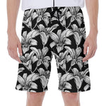 Black And White Lily Pattern Print Men's Beach Shorts