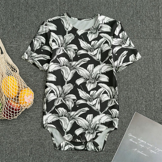 Black And White Lily Pattern Print Men's Bodysuit