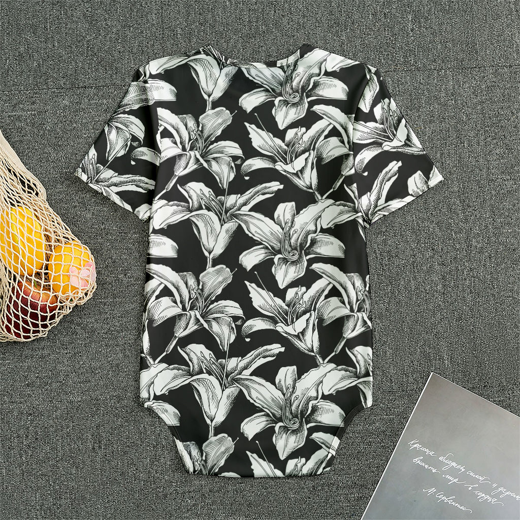 Black And White Lily Pattern Print Men's Bodysuit