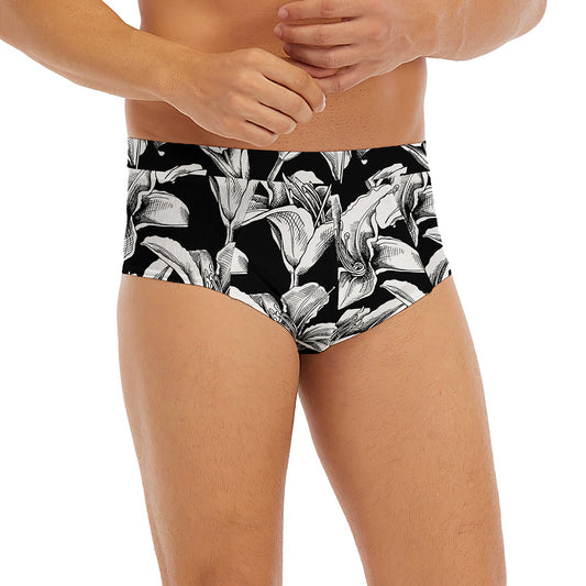 Black And White Lily Pattern Print Men's Briefs