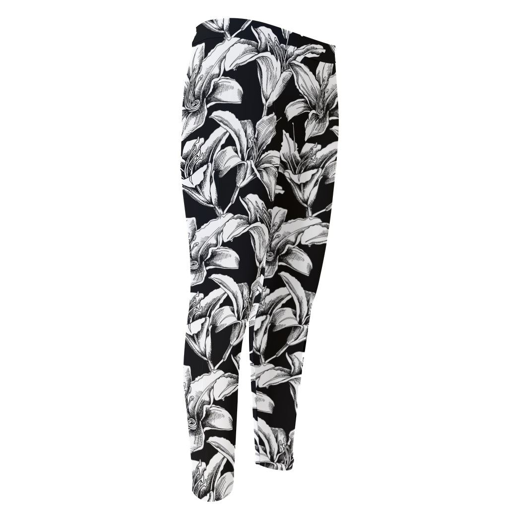 Black And White Lily Pattern Print Men's Compression Pants