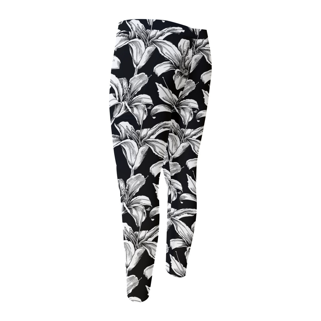 Black And White Lily Pattern Print Men's Compression Pants