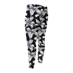 Black And White Lily Pattern Print Men's Compression Pants