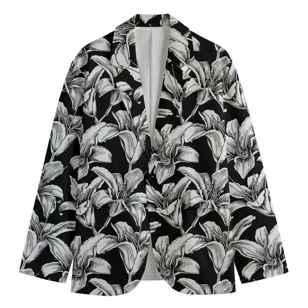 Black And White Lily Pattern Print Men's Cotton Blazer
