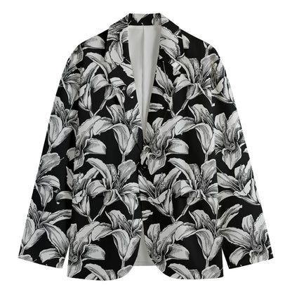 Black And White Lily Pattern Print Men's Cotton Blazer