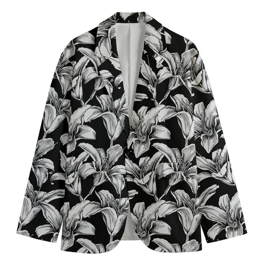 Black And White Lily Pattern Print Men's Cotton Blazer