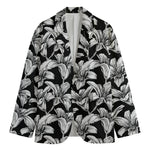 Black And White Lily Pattern Print Men's Cotton Blazer