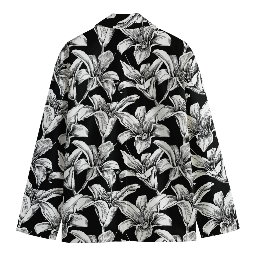 Black And White Lily Pattern Print Men's Cotton Blazer