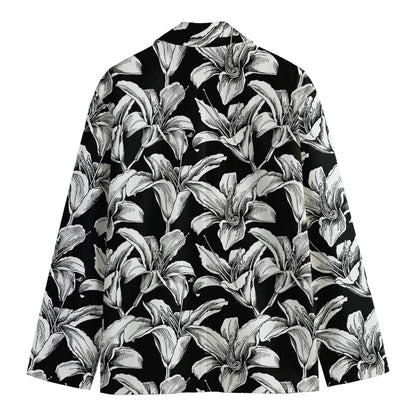 Black And White Lily Pattern Print Men's Cotton Blazer