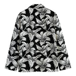 Black And White Lily Pattern Print Men's Cotton Blazer