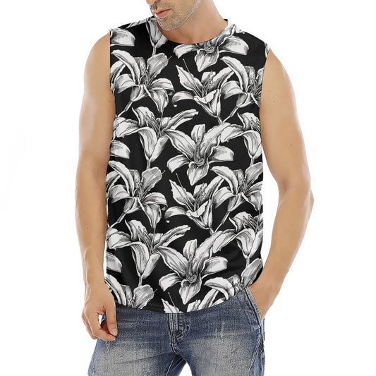 Black And White Lily Pattern Print Men's Fitness Tank Top