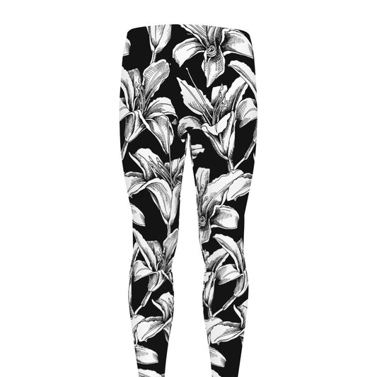 Black And White Lily Pattern Print Men's leggings