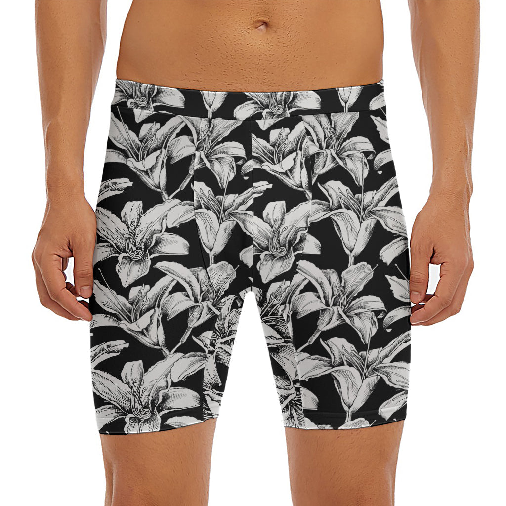 Black And White Lily Pattern Print Men's Long Boxer Briefs