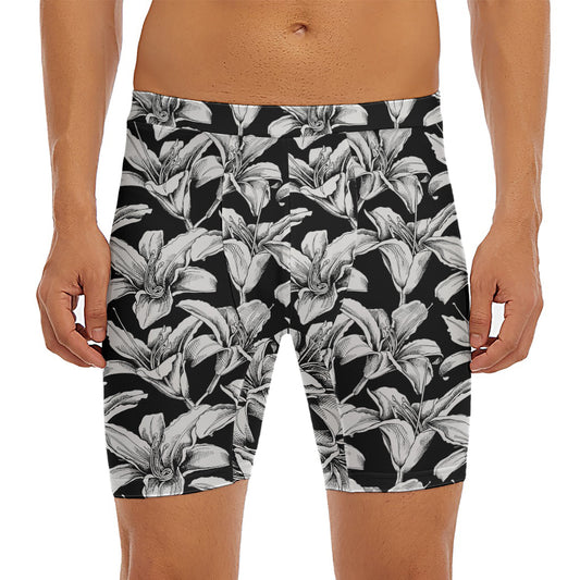 Black And White Lily Pattern Print Men's Long Boxer Briefs